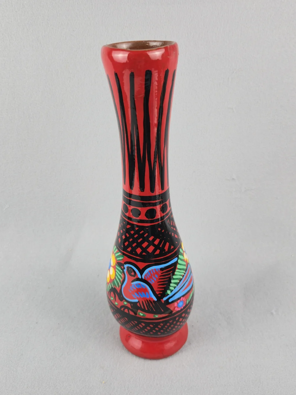 Vintage Mexican Clay Vase Hand Painted Bird Floral Folk Art Decor 13